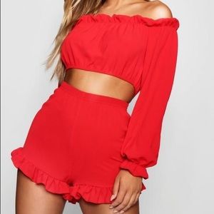 Red Off the Shoulder Ruffle Short Two-Piece Set